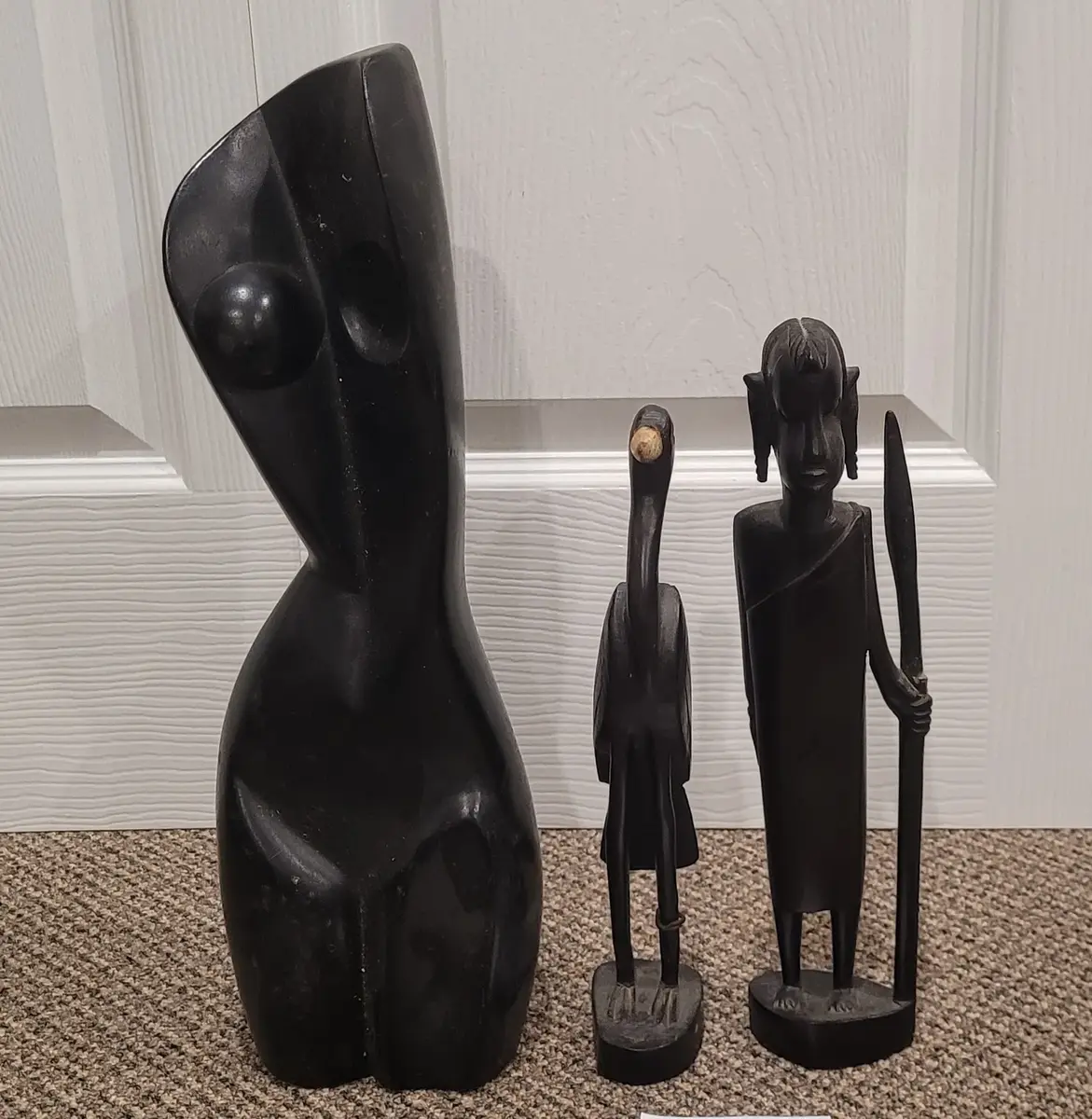 Wooden Hand Carved Figures of Nude Woman, African Warrior, Crane Bird