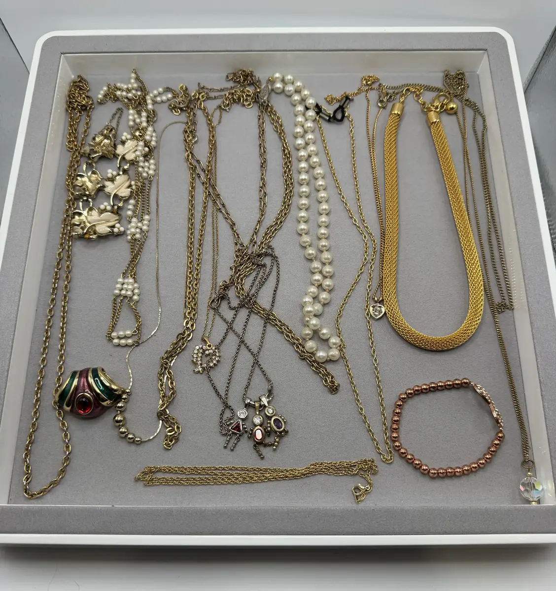 Costume Jewelry Including Gold Tone Necklaces, Bracelets, Faux Pearls