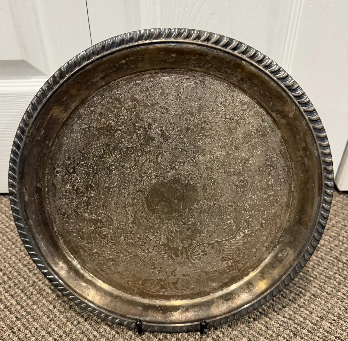 Vintage Floral Etched Decorative Round Serving Tray
