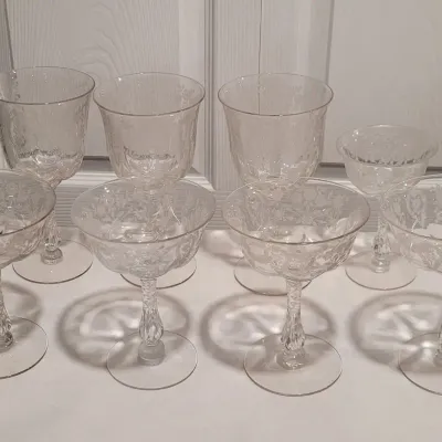 Lot of 8 Vintage Stemware Glasses with Rose Floral Etching