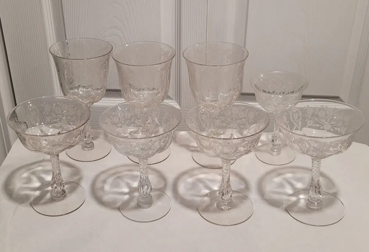 Lot of 8 Vintage Stemware Glasses with Rose Floral Etching