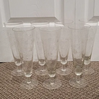 Lot of 7 Etched Floral Pilsner Flutes Cut Glassware