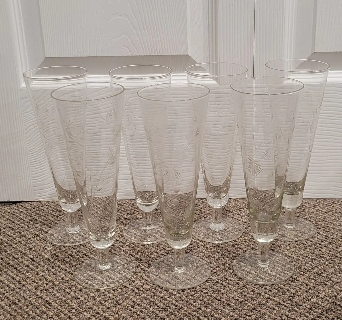 Lot of 7 Etched Floral Pilsner Flutes Cut Glassware