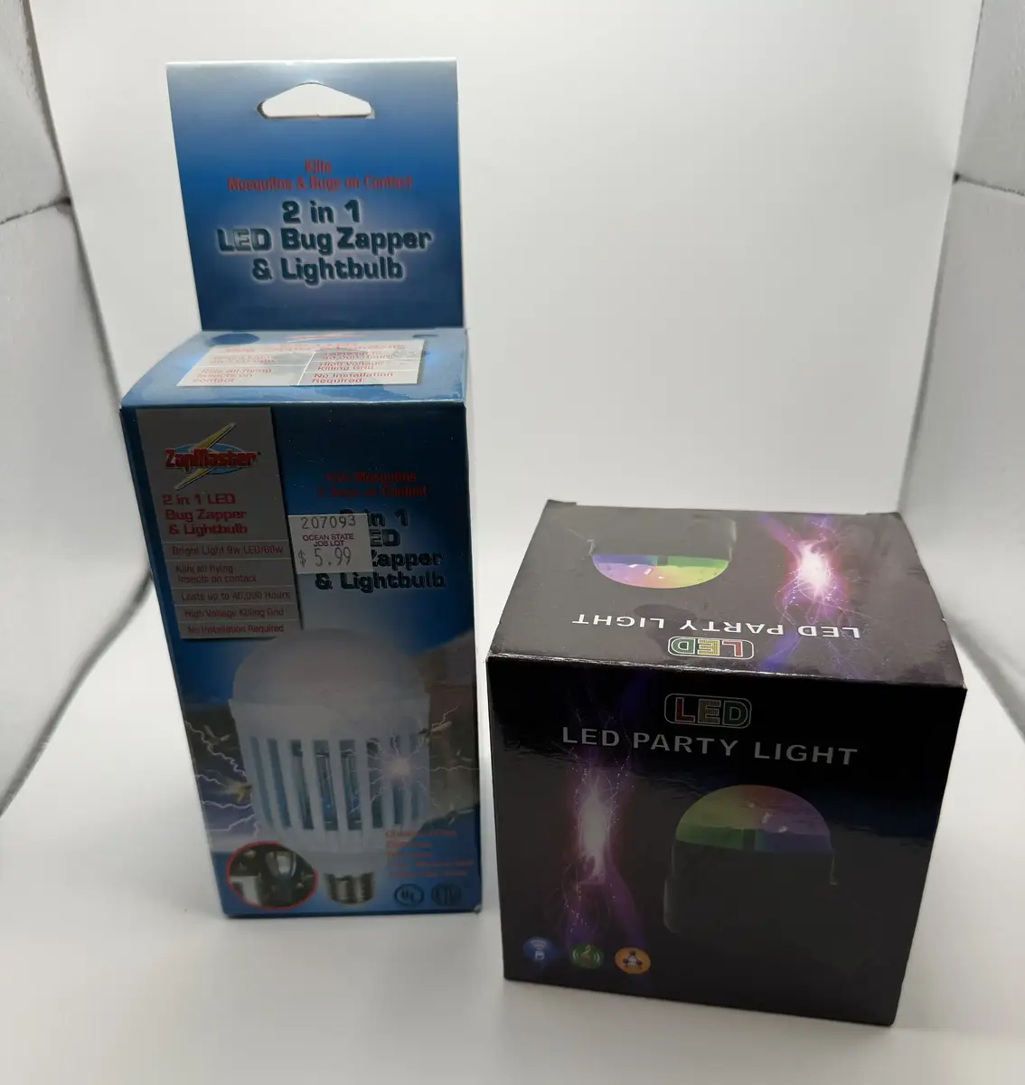 LED Colored Party Light and 2 in 1 Bug Zapper Lightbulb Open Box
