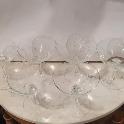 Lot of 6 Etched Coupe Cocktail Glass Stemware Featuring Flowers and Butterflies