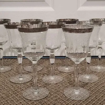 Lot of 9 Silver Tone Metal Rimmed Etched Glass Wine Goblets Stemware