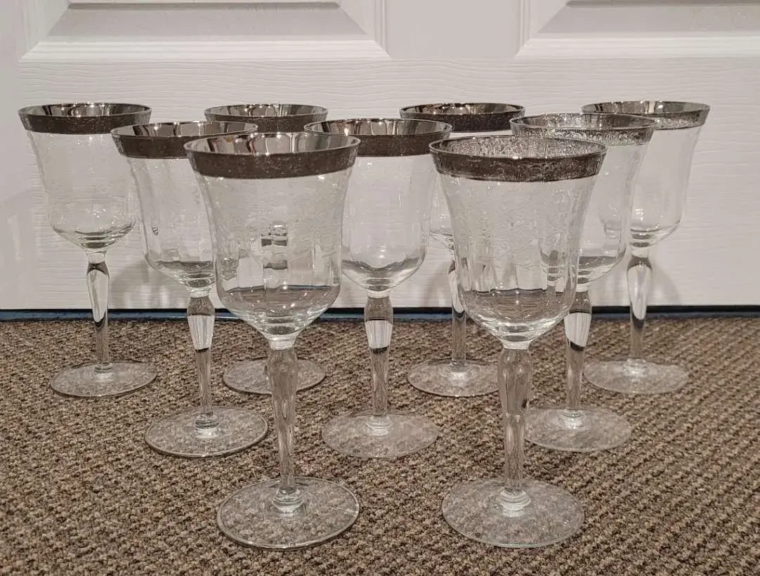 Lot of 9 Silver Tone Metal Rimmed Etched Glass Wine Goblets Stemware
