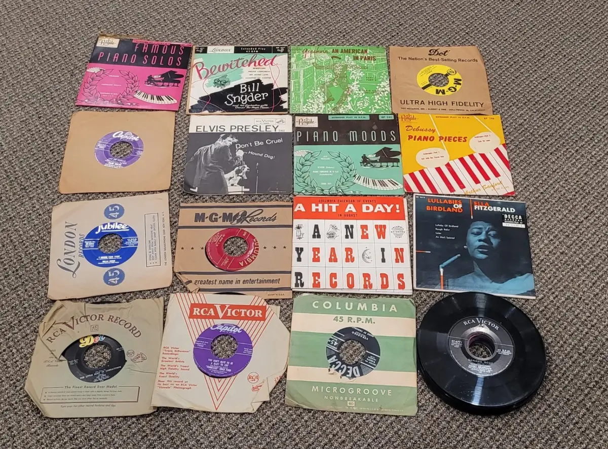 Vintage Vinyl 45 7" Records including Elvis Presley and Ella Fitzgerald