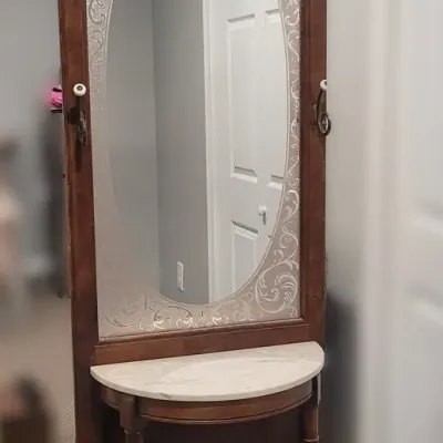 Vintage Wooden Entryway Hall Tree with Coat Hooks, Mirror, Marble Surface