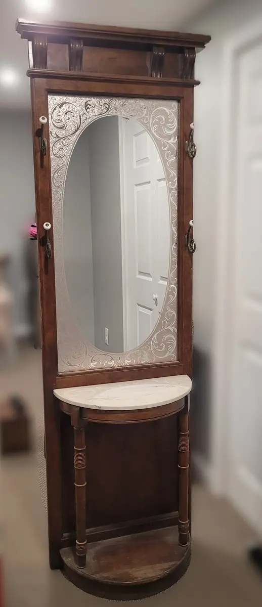 Vintage Wooden Entryway Hall Tree with Coat Hooks, Mirror, Marble Surface
