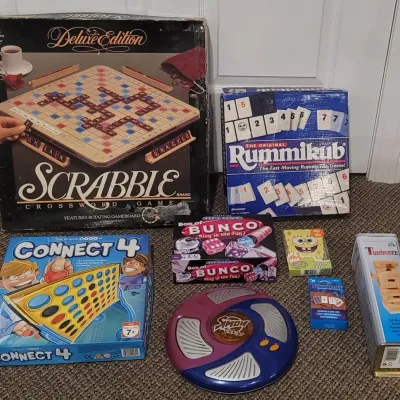 Large Lot of Board Games including Vintage Scrabble and Spongebob Cards
