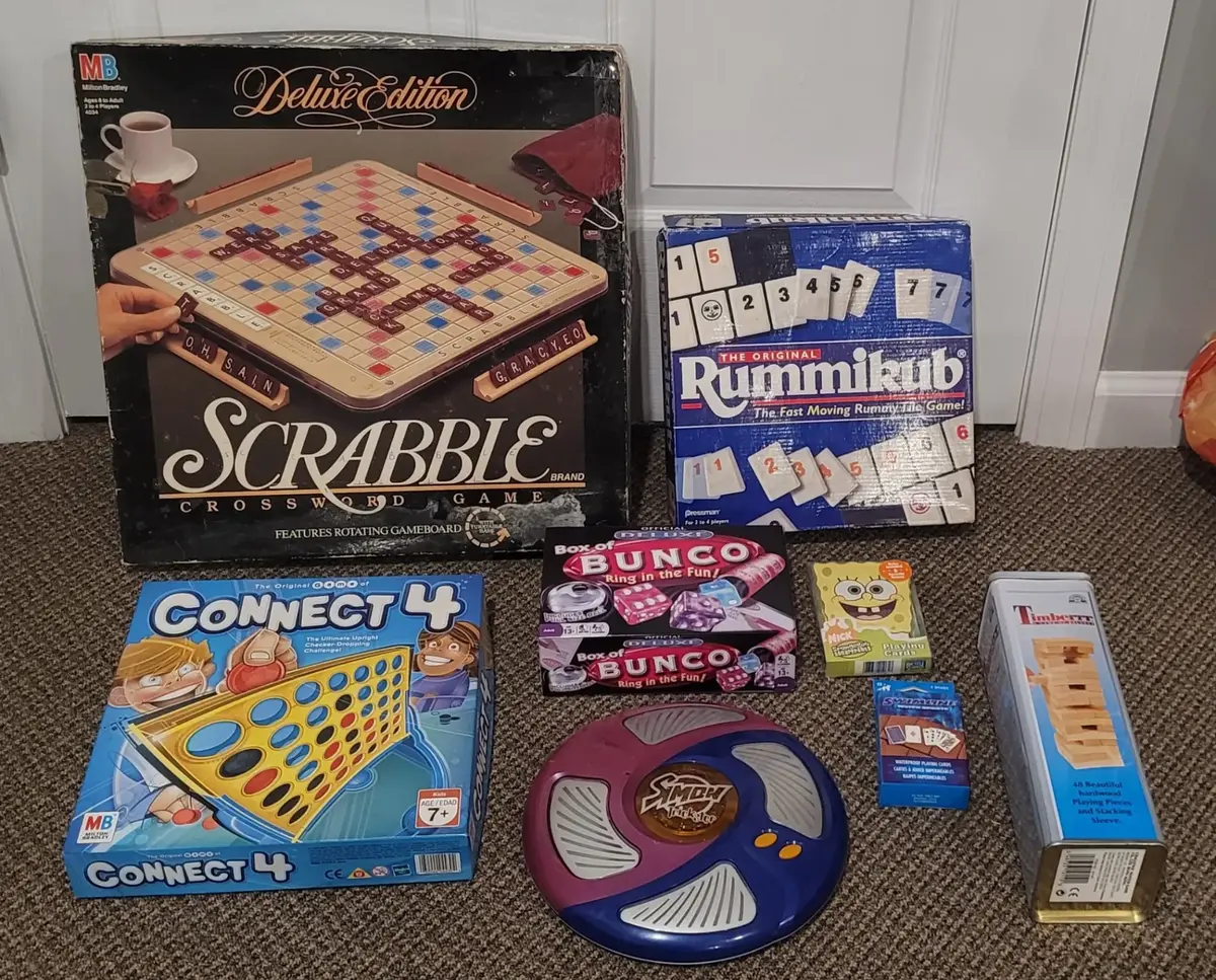 Large Lot of Board Games including Vintage Scrabble and Spongebob Cards
