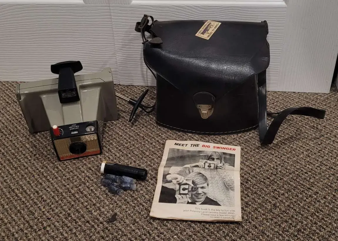 Vintage Polaroid Land Camera Model 3000 with Leather Bag, Manual, Accessories