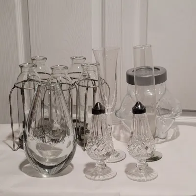Lot of Miscellaneous Glassware including Salt and Pepper Shakers, Stemware, Etched Vase, Milk Bottle