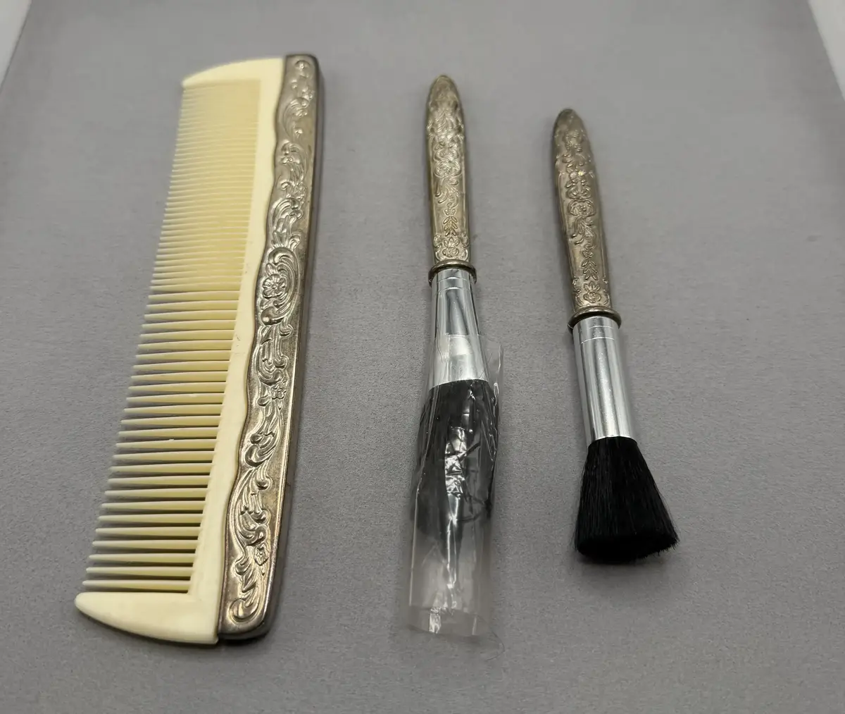 Silver Tone Handled Hair Comb and Make Up Brushes
