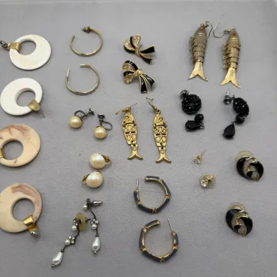 Lot of Costume Jewelry Earrings including Gold and Silver Tones, Fish, Faux Pearls