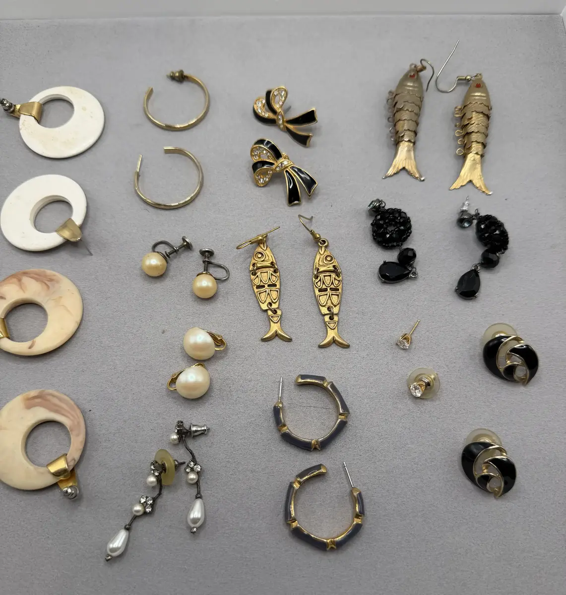 Lot of Costume Jewelry Earrings including Gold and Silver Tones, Fish, Faux Pearls