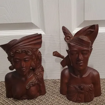 Vintage Indonesian Hand Carved Wooden Busts of Man and Woman