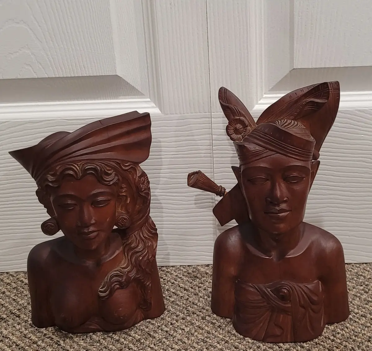 Vintage Indonesian Hand Carved Wooden Busts of Man and Woman