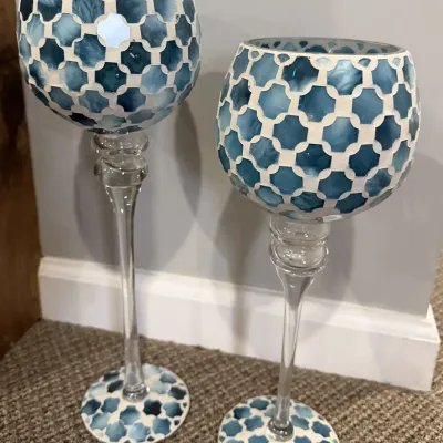 Set of 2 Blue Mosaic Glass Goblet Style Tea Light Holders