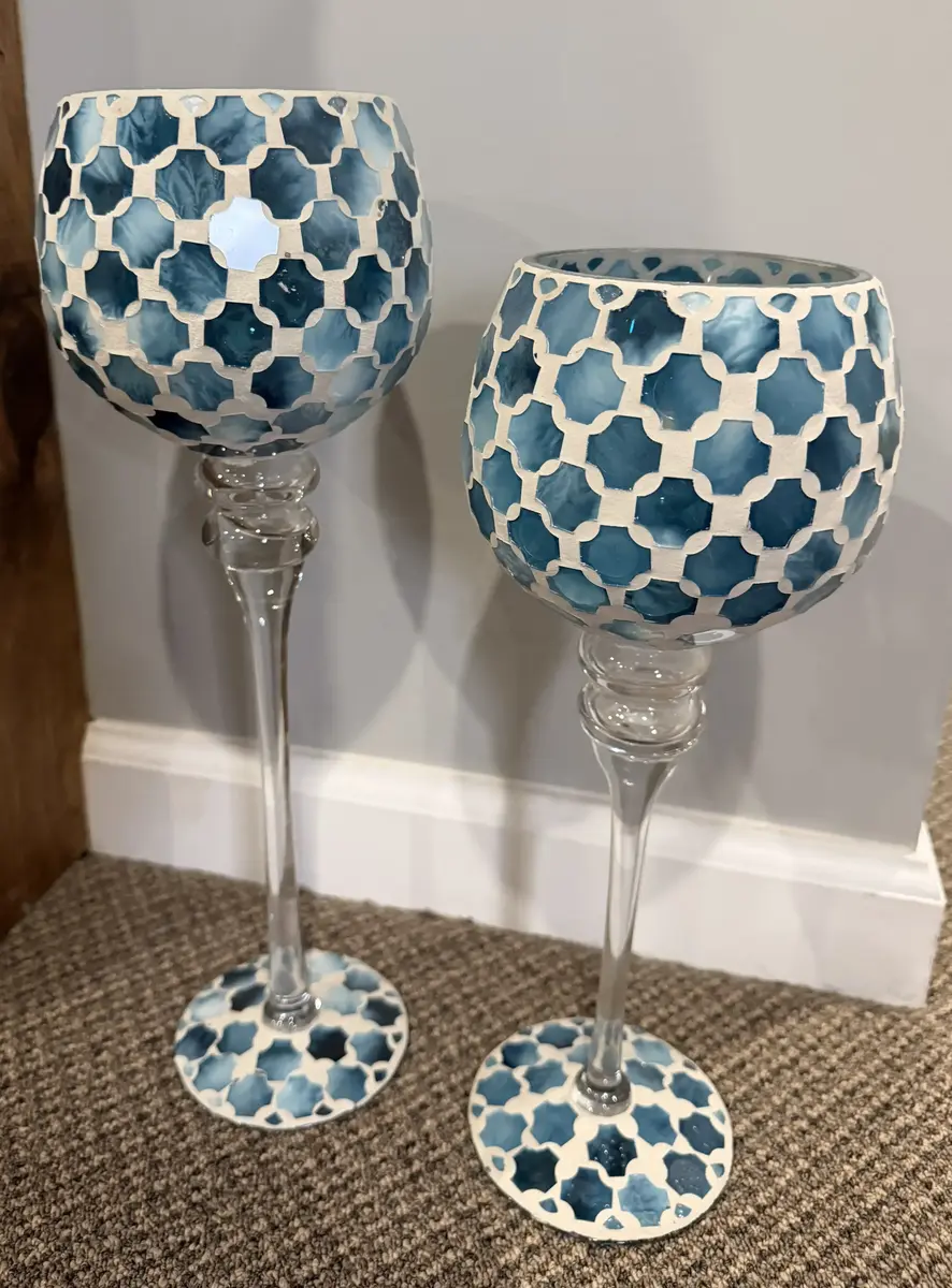 Set of 2 Blue Mosaic Glass Goblet Style Tea Light Holders