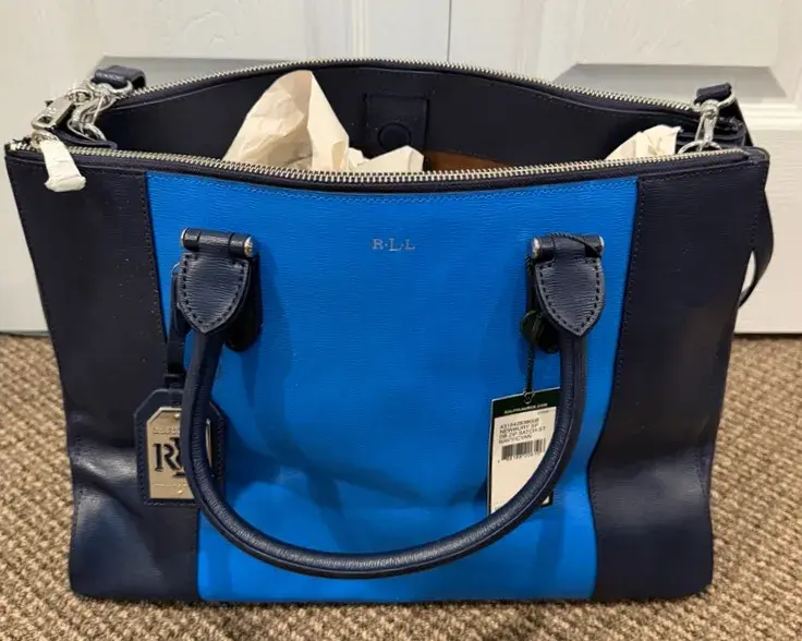 NWT Lauren Ralph Lauren Leather Shoulder Bag Blue Tote