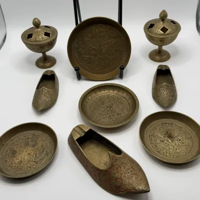 Large Lot of Indian Brass Decor including Incense Burners, Trays, Dishes, Shoe