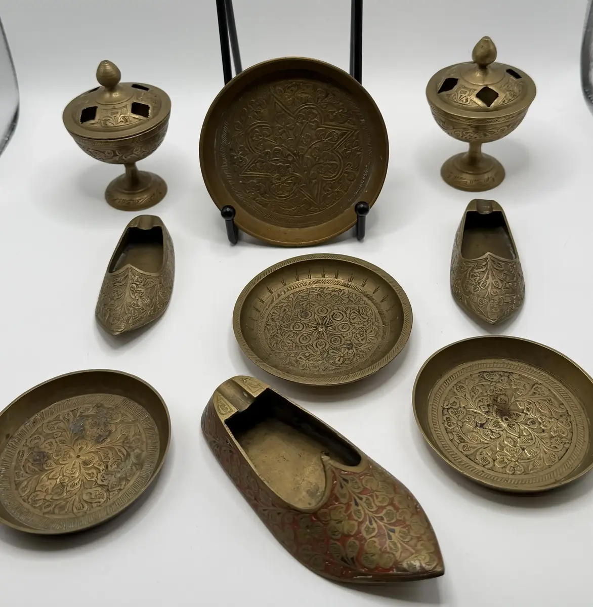Large Lot of Indian Brass Decor including Incense Burners, Trays, Dishes, Shoe