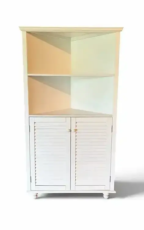 White Corner Cabinet with Open Shelves and Louvered Doors