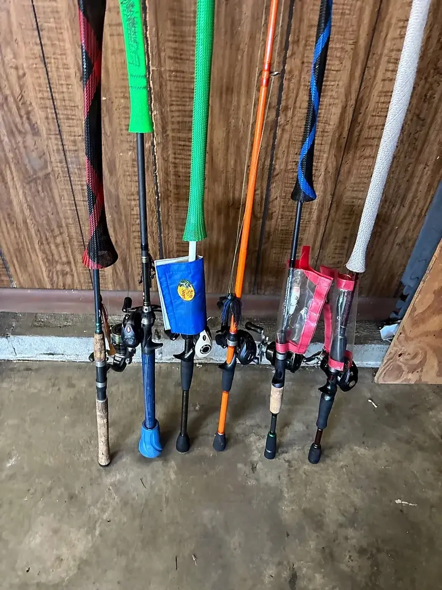 Six Fishing Rod and Reel Combos with Bass Pro Rod Sleeve