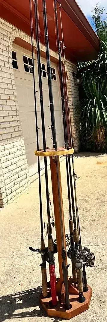 Fishing Rod & Reel Lot with Wooden Rod Rack