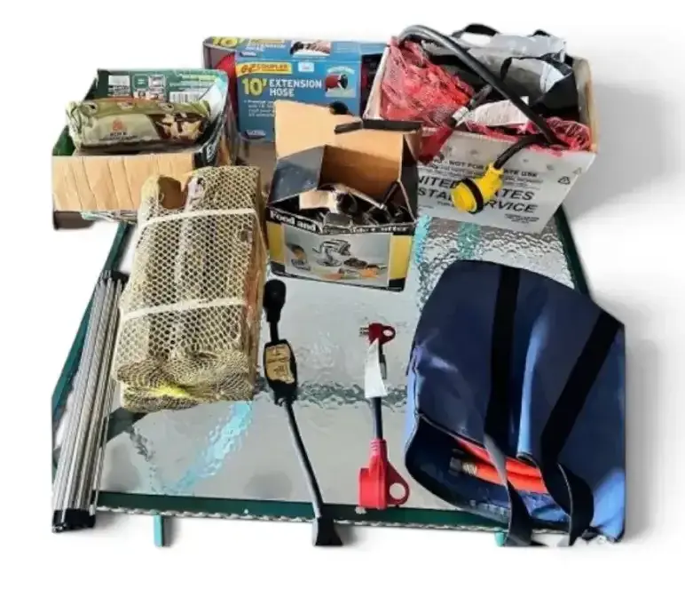 Camping & RV Accessories Lot: Hose, Adapters, Firewood