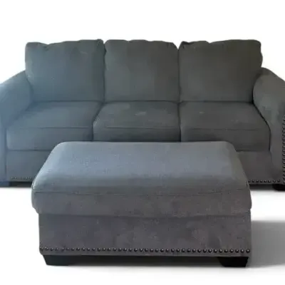 Gray Rolled-Arm Sofa with Nailhead Trim & Matching Ottoman