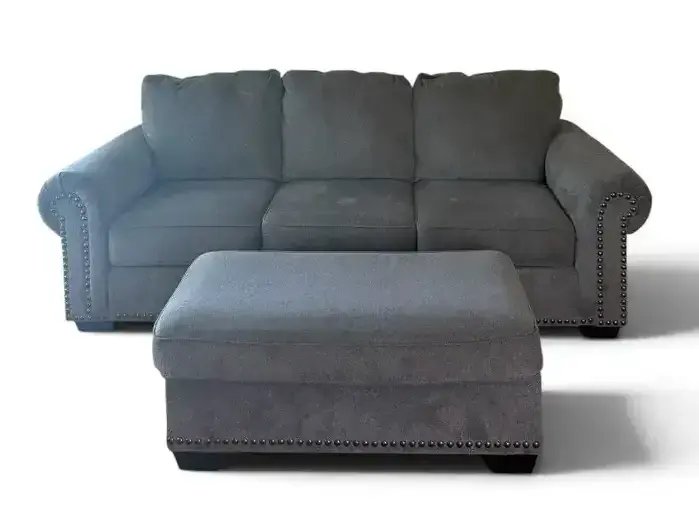 Gray Rolled-Arm Sofa with Nailhead Trim & Matching Ottoman
