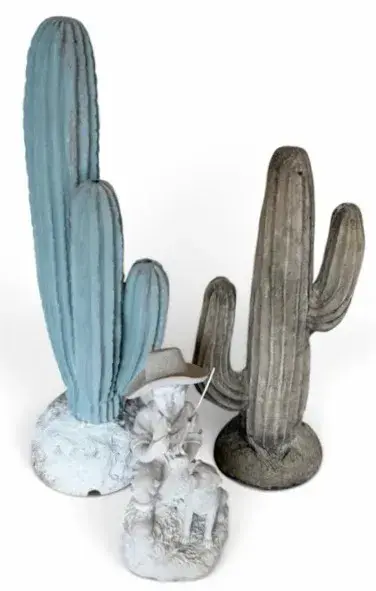 Two Cast Cactus Statues & Boy with Dog Garden Figure