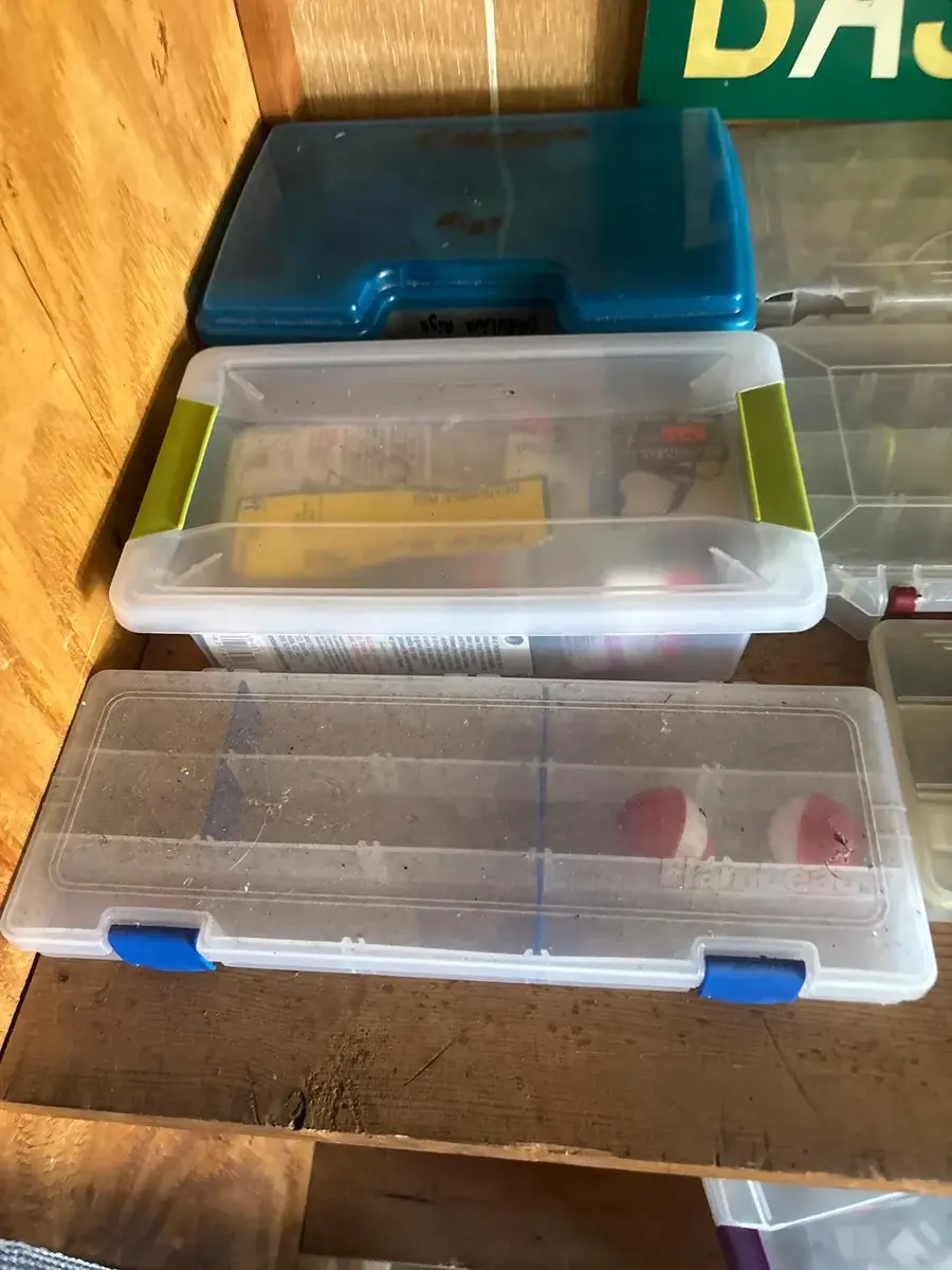 Tackle Box Lot with Fishing Line & Bass Rd Street Sign