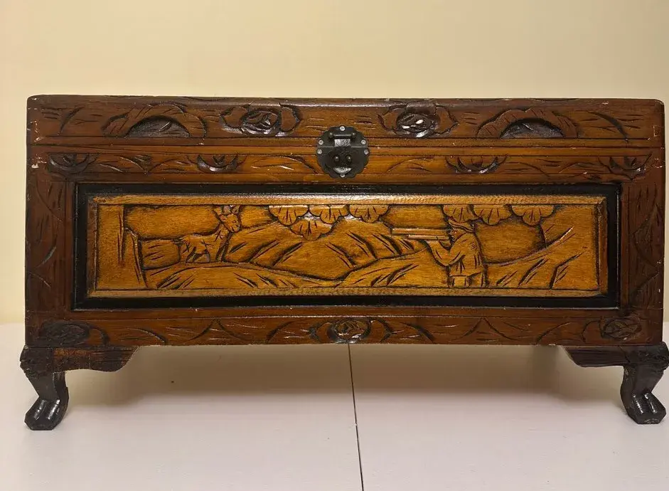 Carved Wood Chest with Scenic Panels and Claw Feet