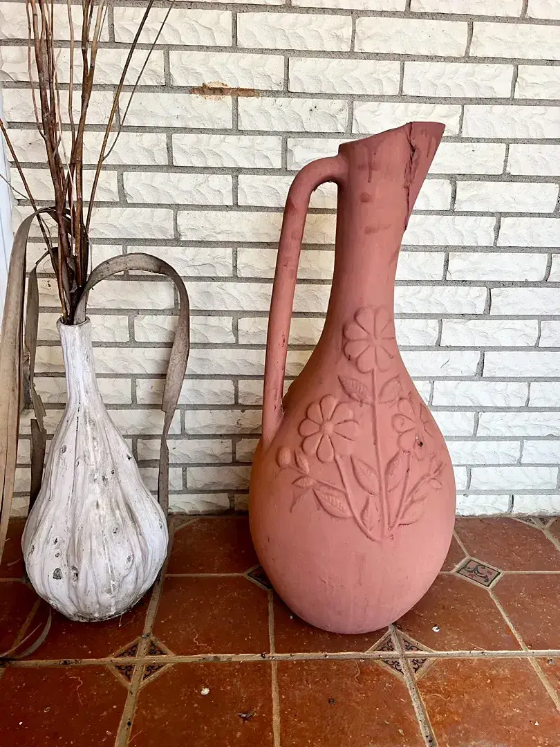 Two Large Floor Vases: Terracotta Pitcher & White Vase