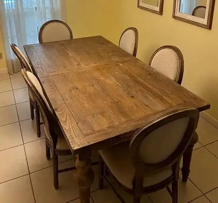 Great Veca Rustic Wood Dining Table & 6 Upholstered C