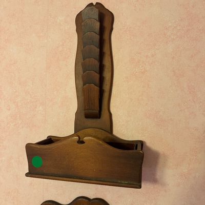 Vintage wall-mounted wooden letter holder and key rack, featuring a tiered slot design and a bottom storage bin.