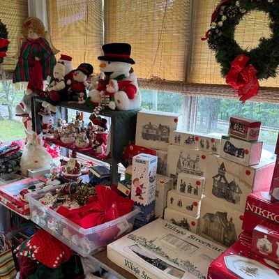 Assortment of vintage Christmas decorations, including Department 56 Snow Village buildings, Nikko Christmas tableware, plush snowmen,...