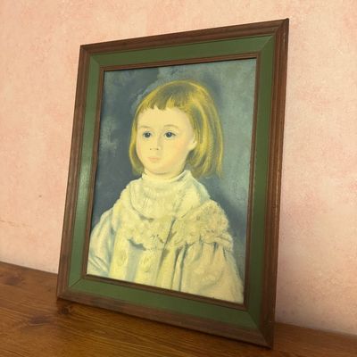 Vintage framed portrait painting of a young child with blonde hair, housed in a wood frame with a green inner border.