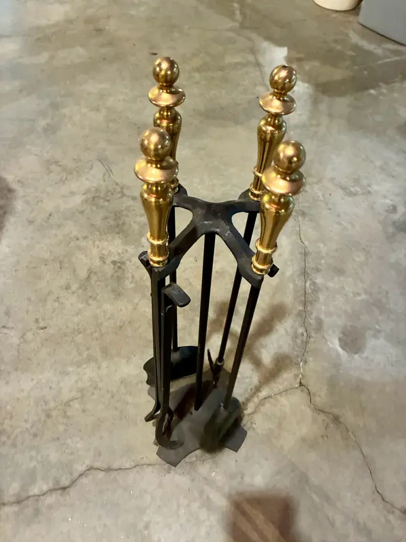 Vintage Iron and Brass Fireplace Utensils in Stand
