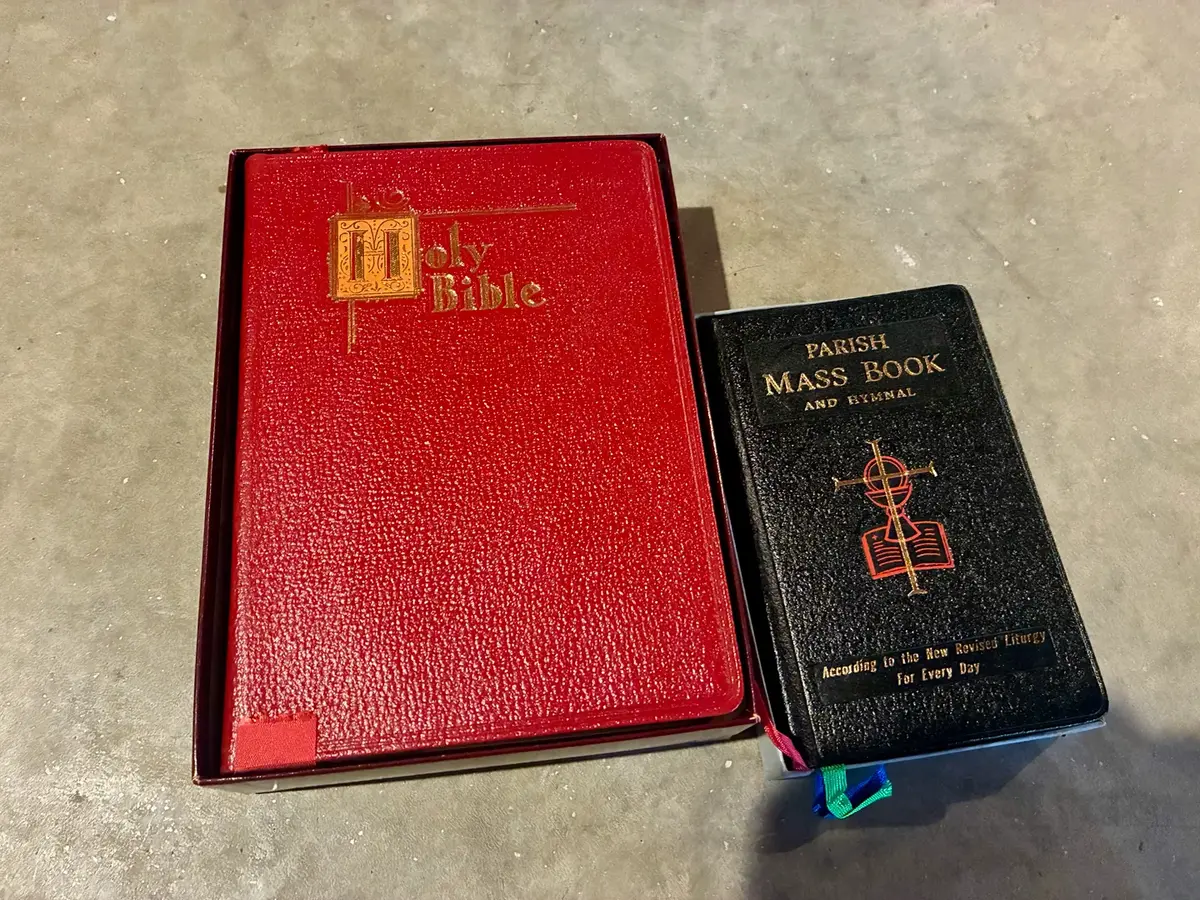 (2) Religious Books in Storage Boxes - Bible and Mass Book/Hymnal