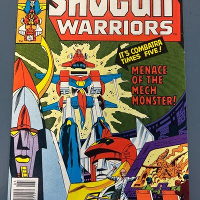 Sale Photo Thumbnail #47: Marvel Comics Group Shogun Warriors issue #4 from May 1979. Features 'Menace of the Mech Monster!' and 'It's Combatra Times Five!'. The back cover features a vintage full-color advertisement for Battlestar Galactica T-shirts. The comic appears to be in go