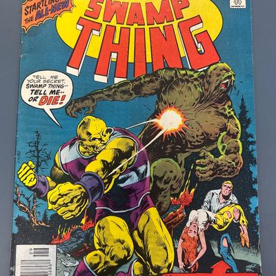 Sale Photo Thumbnail #79: DC Comics Swamp Thing No. 24 from September 1976. Features 'The Blazing Battle with Thrudvang!' and 'The Mystery of Alec Holland!'. Original 30-cent cover price. Condition shows some light edge wear, minor spine creasing, and slight yellowing on the back 