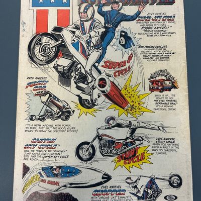 Sale Photo Thumbnail #70: Marvel Tales Starring Spider-Man #76, published in February 1977 by Marvel Comics Group. Features the story 'Spidey Fights in London' and 'The Hostage Must Die!'. The back cover features a vintage Ideal toy advertisement for Evel Knievel stunt cycles. 

C