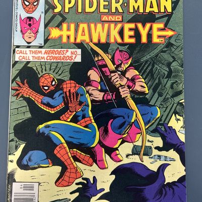 Sale Photo Thumbnail #43: Marvel Team-Up #92 featuring Spider-Man and Hawkeye, published in April 1980 by Marvel Comics Group. Cover art features Spider-Man, Hawkeye, and Mister Fear. The comic is in used condition with some minor edge wear, spine stress lines, and light yellowing