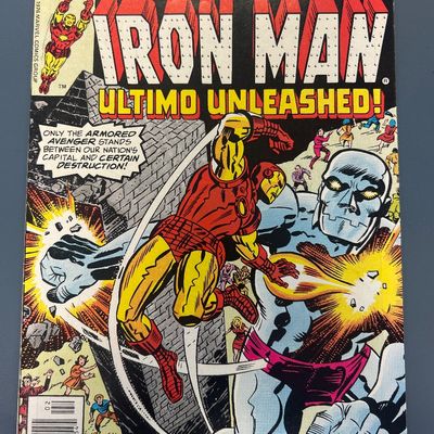 Sale Photo Thumbnail #73: Vintage Bronze Age Marvel comic book, The Invincible Iron Man #95 from February 1976. Features 'Ultimo Unleashed!' story. The cover shows some light edge wear, minor spine creasing, and slight yellowing on the back cover consistent with age, but remains i