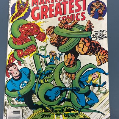 Sale Photo Thumbnail #83: Marvel's Greatest Comics #70 from May 1977, starring The Fantastic Four in "A House There Was!". Features classic cover art with Mr. Fantastic, Invisible Girl, Human Torch, and The Thing. The comic is in vintage, pre-owned condition with some light edge w
